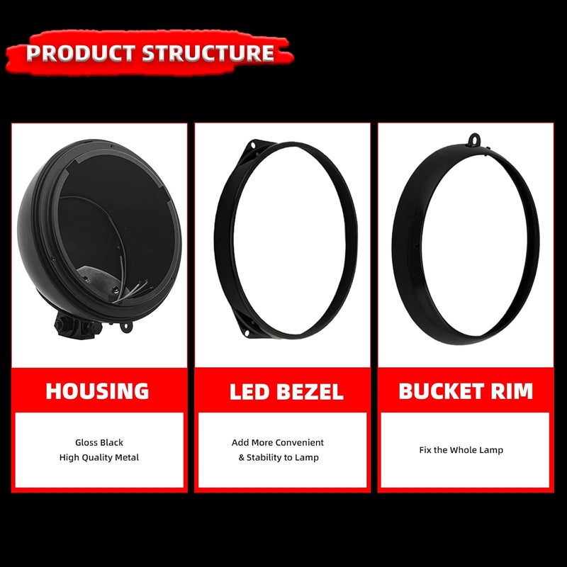 FATECIM Motorcycle 7" Round Headlight Bucket Housing 7 Inch LED Headlamp Shell Protective Cover Heavy Duty Universal for Harley Kawasaki Honda Yamaha Suzuki Chopper Cafe Racer Bobber Aprilia Black - Image 2